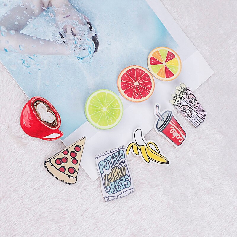Ghim cài acrylic hình lát chanh/pizza/chuối/cola/cà phê dễ thương trang trí túi xách cho nữ DIY