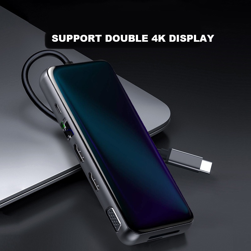 Đế Sạc Chuyển Đổi 12 Trong 1 Type C Sang HDMI 4K VGA RJ45 SD / TF Có Đầu Đọc Thẻ 3.5mm USB 3.0 Cho Màn Hình Gương Mở Rộng