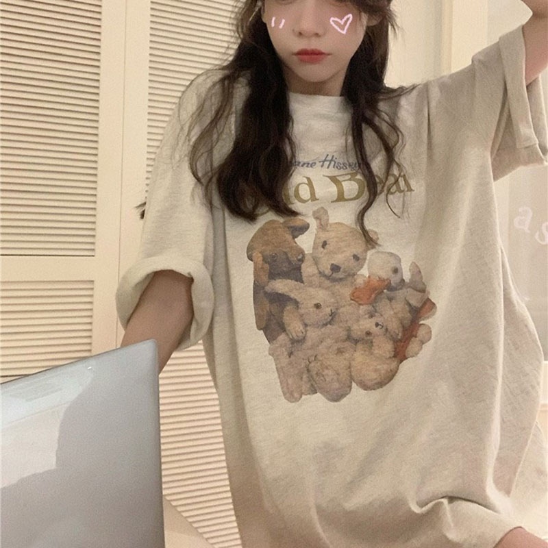 Áo thun IELGY tay ngắn dáng rộng in hình chú gấu dễ phối đồ cá tính cho nữ