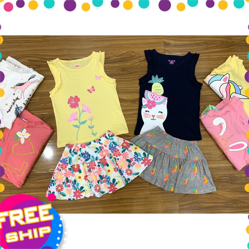 Set váy hè bé gái 4-14 tuổi rời sát nách PLACE in hình, Đầm cotton cho bé hàng xuất dư vải cotton ki