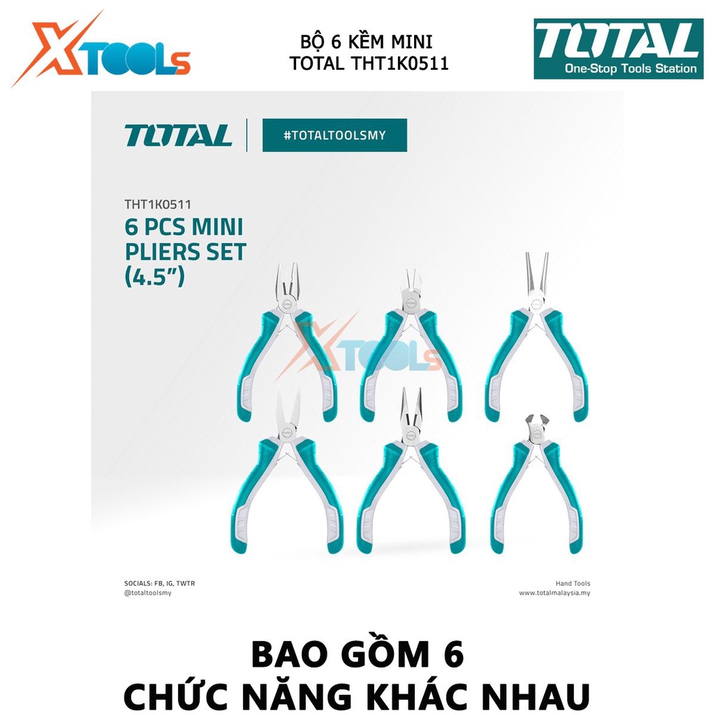Bộ 6 kềm mini làm trang sức TOTAL THT1K0511 bộ kìm đa năng gồm 6 chi tiết răng 4.5”, cắt 4.5”, cắt đứt 4.5”, mũi dài 4.5