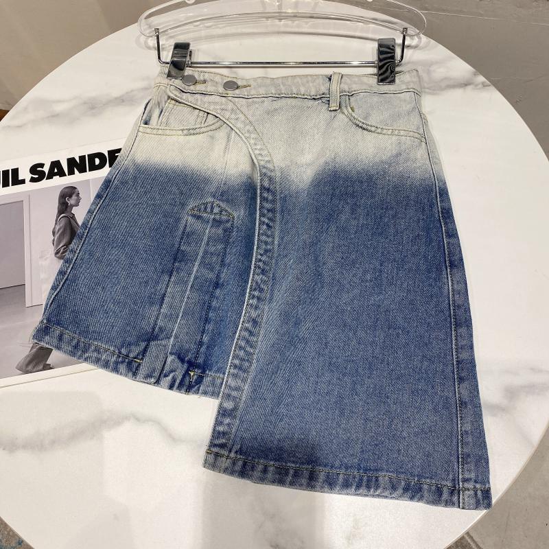 Chân váy denim giả hai lớp thiết kế viền không đối xứng phong cách thời trang mùa hè 2022 cho nữ