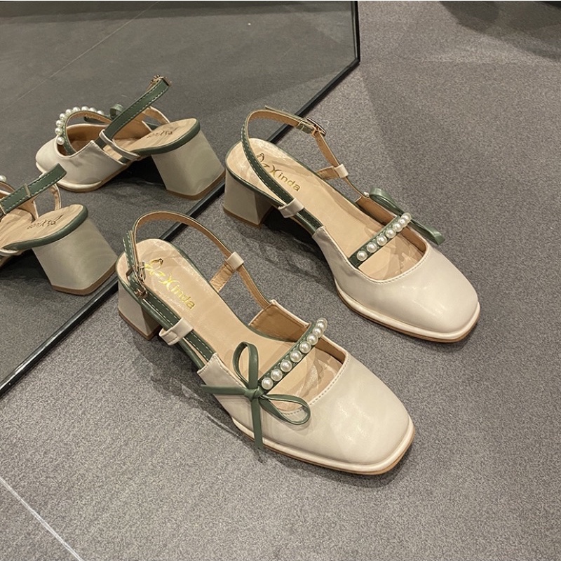 Giày cao gót mũi vuông mũi vuông đính nơ ngọc trai nhân tạo Mary Jane Hàn Quốc 2021 -6235