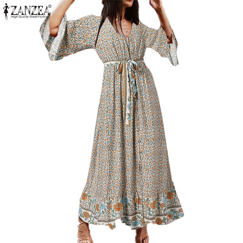 Zanzea Đầm Tay Loe Cổ Chữ V In Họa Tiết Phong Cách Bohemian Dành Cho Nữ