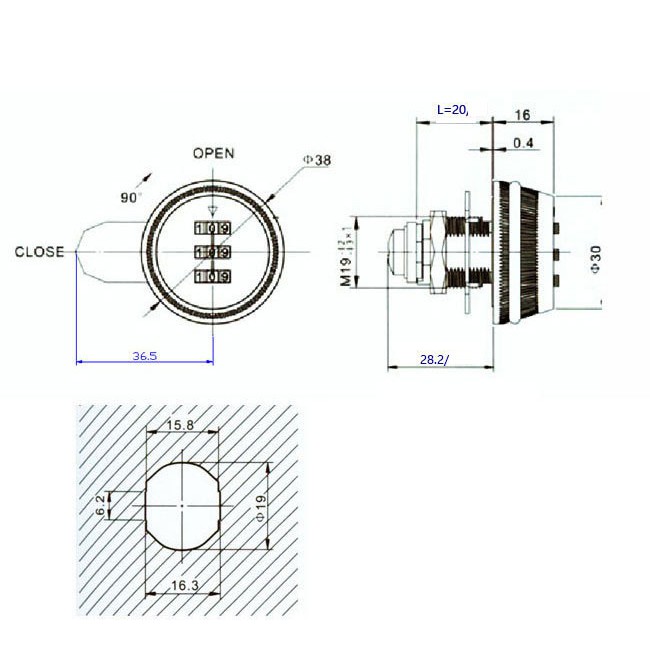 Ổ khoá số, khoá mật mã 3 mã số ,núm xoay L20 bằng hợp kim kẽm màu bạc dùng trong đồ nội thất - Hàng sẵn