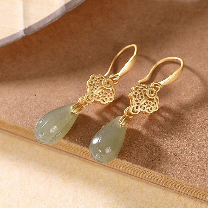 Bông tai bạc Sterling 925 hình hoa mộc lan mặt đá ngọc bích Hetian phong cách retro cá tính cho nữ 6hwt
