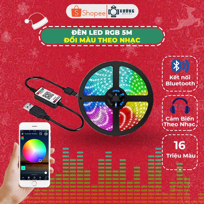 Đèn led Tiktok đổi màu RGB dùng App 5m cảm biến nhạc trang trí IP65 bọc keo silicone