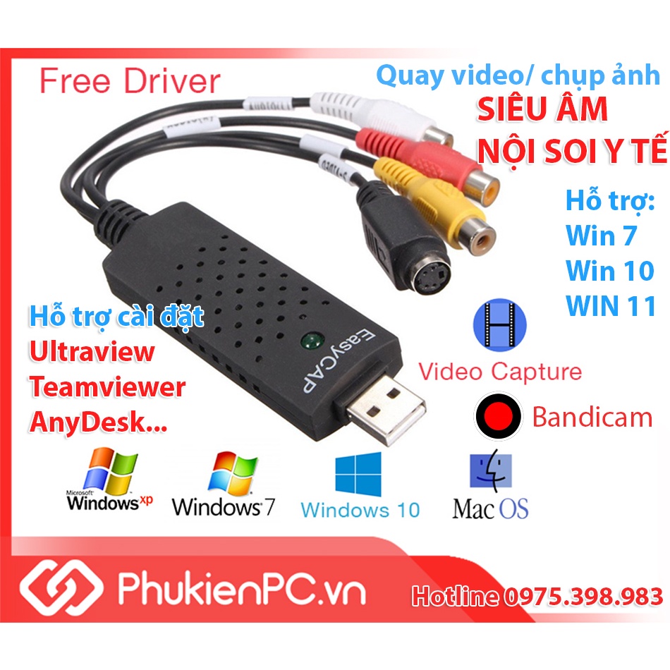 USB chụp ảnh, quay video RCA (AV), S-Video cho máy siêu âm, nội soi Win 7, 8, 10, 11 tự nhận driver. Hỗ trợ ultraview