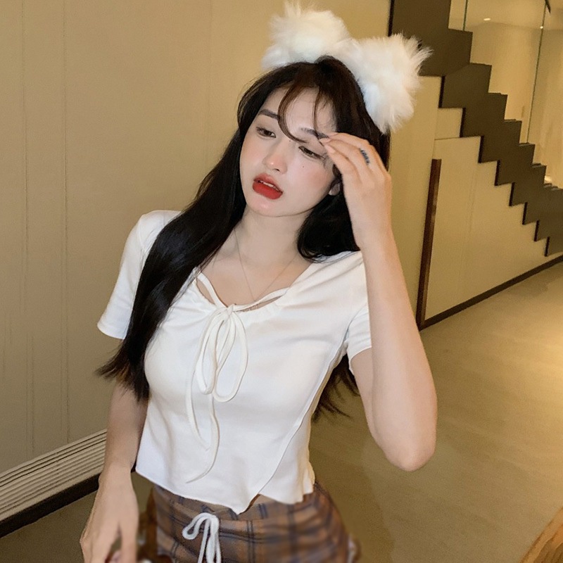 Áo Thun Crop Top Tay Ngắn Màu Trắng Thiết Kế Quyến Rũ Thời Trang Mùa Hè