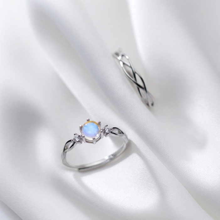 Nhẫn đôi nhẫn cặp nam/nữ bạc s925 hoa moonstone lấp lánh
