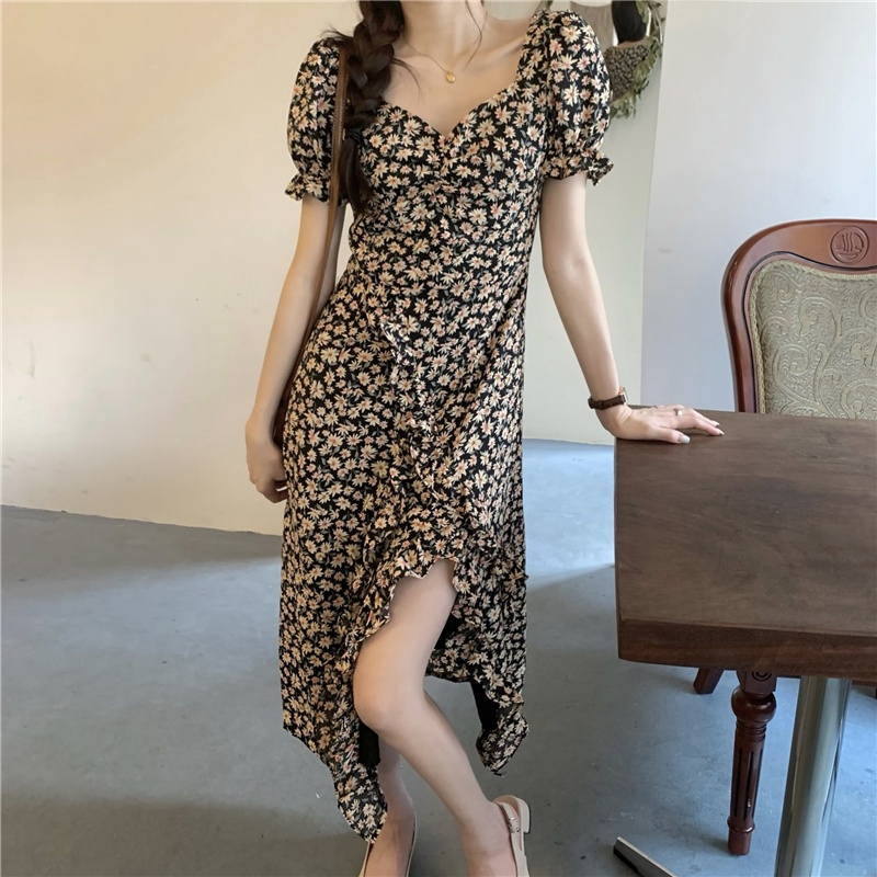 Đầm Voan Hoa Cổ Chữ V Tay Phồng Xẻ Tà Thời Trang Pháp Sang Trọng Cho Nữ 52883