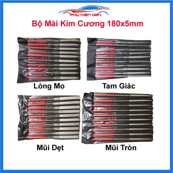 Bộ 10 đầu mài kim cương dũa kim loại 180x5mm mũi tùy chọn tam giác, dẹt, lòng mo, tròn