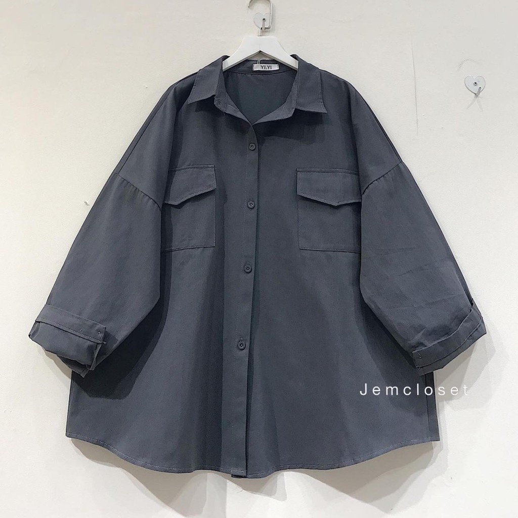 Áo Sơ Mi Kaki Nữ Sơ Mi Tay Dài Form Rộng Basic Phối Túi Nắp YIYI Phong Cách Ulzzang Màu Đen Trắng Xám Xanh 1758