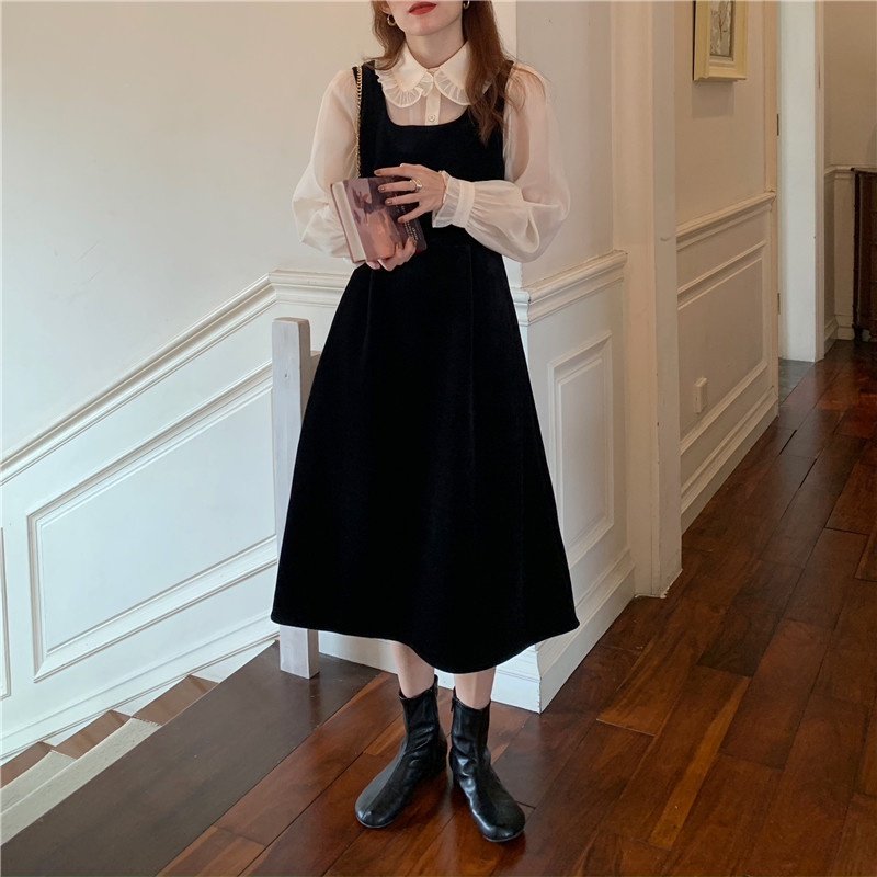 SUXI Set áo sơ mi tay dài màu trơn phối chân váy chữ A phong cách Hàn Quốc mới