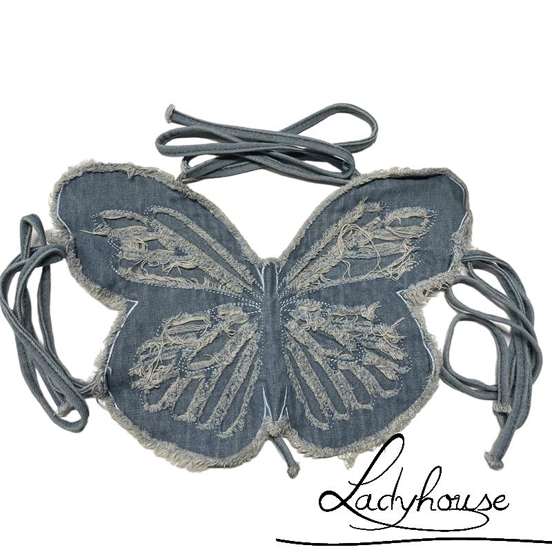 Áo Croptop Hai Dây Không Tay Hở Lưng In Hình Bướm 3D Màu Xanh Dương Thời Trang Mùa Hè Cho Nữ