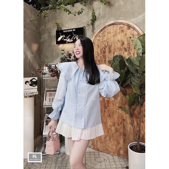 Áo Sơ Mi Cổ Bèo Kẻ Xanh Áo Kiểu Nữ Hàn Quốc Tay Phồng Bánh Bèo Tiểu Thư Form Rộng Cúc Ngọc Siêu Hot