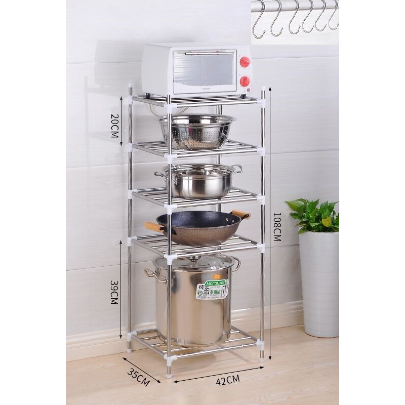 Giá Để Đồ Dùng Nhà Bếp 5 Tầng Bằng Thép Không Gỉ 6 Móc