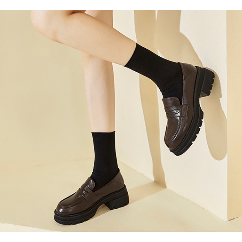 Giày Loafer Nữ Giày Da Bánh Mì 5 Phân Phong Cách Nhật Bản