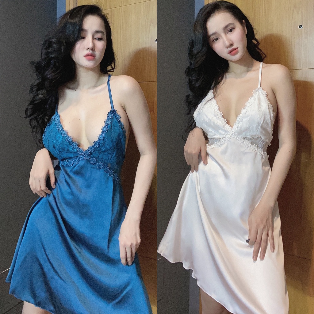 Váy Ngủ Sexy phối ren hoa chất satin mềm mịn mặc ngủ thoái mái gợi cảm - Linqu Sleepwear