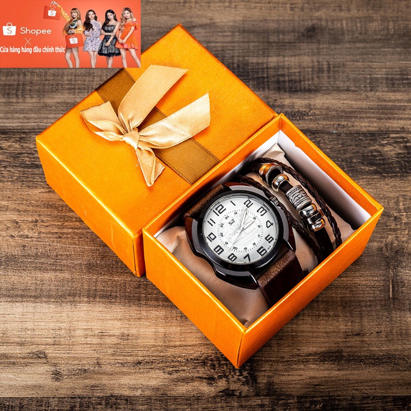 (Món quà tốt nhất cho bạn trai) Đồng hồ thạch anh thắt lưng nam thời trang đơn giản + Bộ vòng tay 2 mảnh