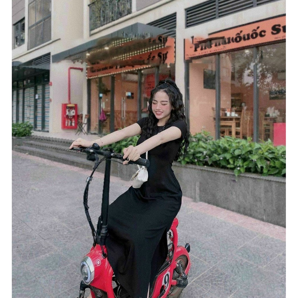 [HCM] Đầm Ôm Body Cổ Tròn Xẻ Tà Thun Gân Thời Trang Nữ Sam Closet Free Size 40-55kg