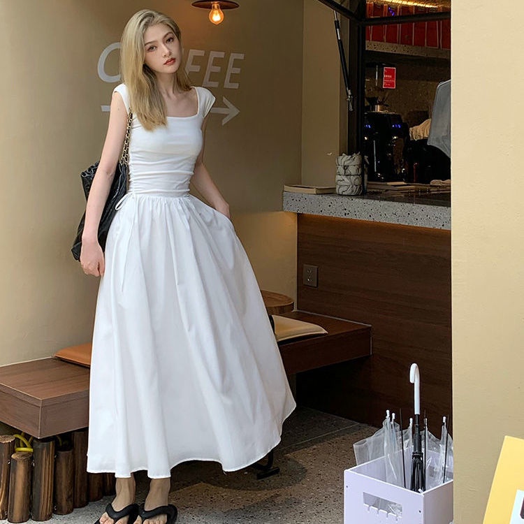 Đầm Dài Dệt Kim Cổ Vuông Eo Cao Thời Trang Mùa Hè 2022 Mới