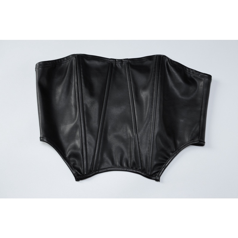 Bộ ÁO Trễ Vai + Chân VáY Midi BằNg Da PU ThờI Trang