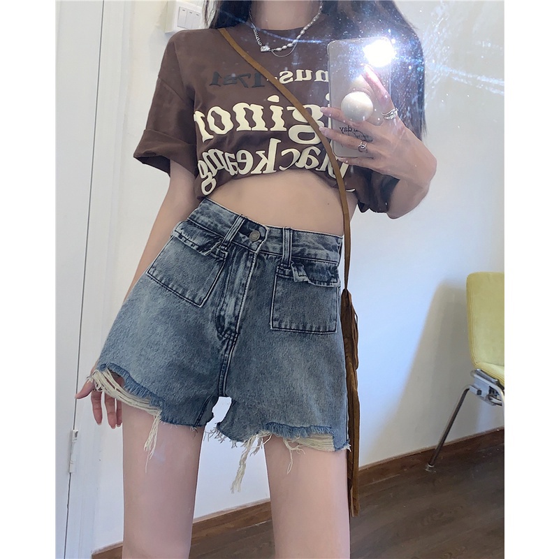 Quần Short denim Lưng Cao Ống Rộng Phong Cách retro Cho Nữ
