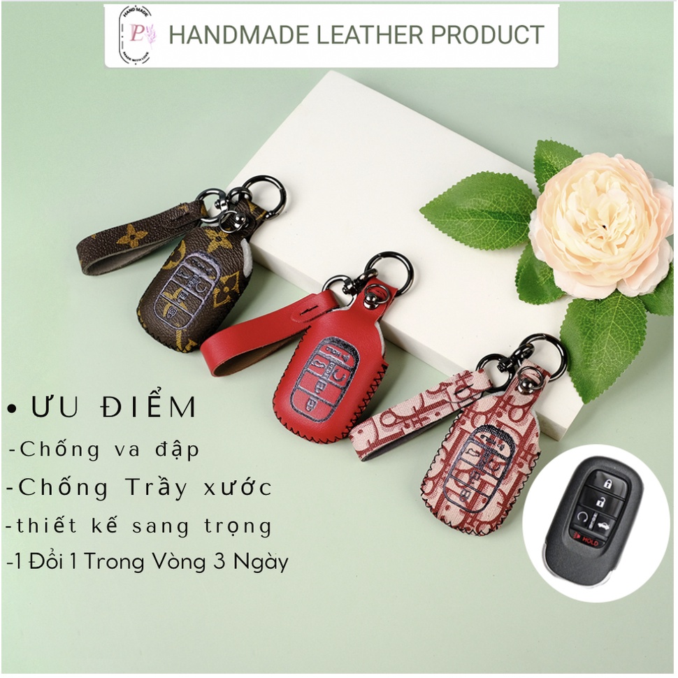 Bao da bọc chìa khóa smartkey ô tô Honda City Civic 2022 5 nút bấm mẫu mới khâu tay có dây tay cầm móc đen HD5