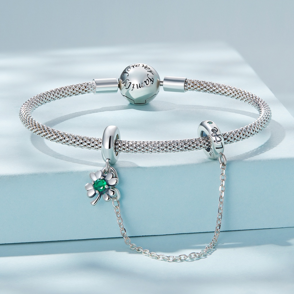 BAMOER Mặt Vòng cổ Bạc 925 Silicone Hình Cỏ Bốn Lá Thời Trang DIY