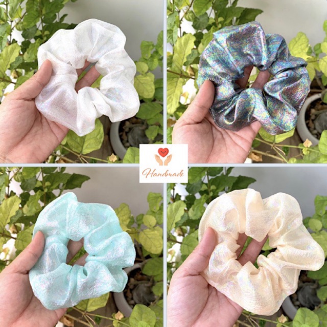 Cột tóc vải scrunchies màu trơn ánh nhũ