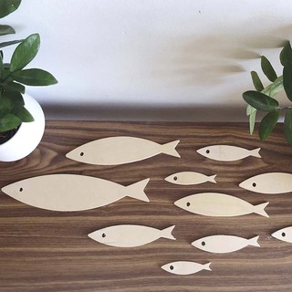 Set 10 Cá gỗ mộc chưa tô dán tường