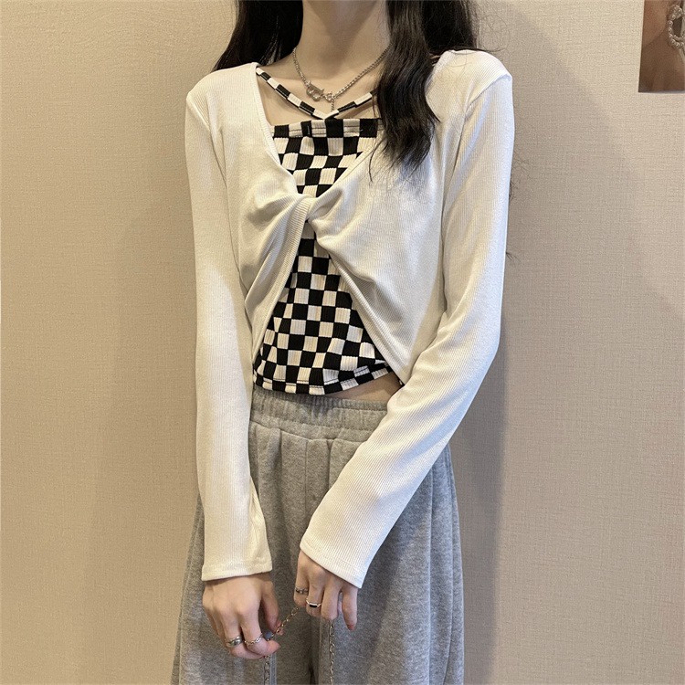 【ZHELIHANGFEI】 Áo Dệt Kim Tay Dài Giả Hai Lớp Dáng Ngắn