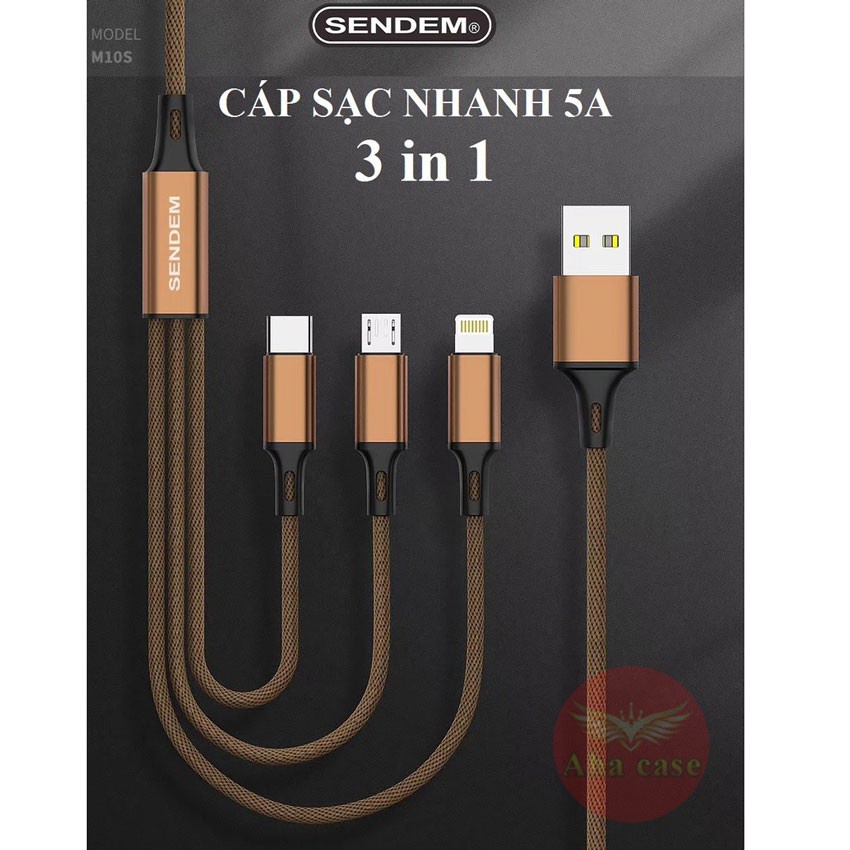 [Rẻ Vô Địch] Cáp sạc 3 đầu trên 1 dây chính hãng Sendem M10s, Đa năng tiện lợi sạc 3 điện thoại 5A nhanh, siêu bền