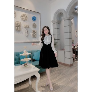Đầm nữ đẹp, đầm nhung tăm phối tay voan tiểu thư voan, chất vải đẹp, đường may kỹ