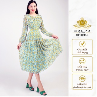 Đầm Hoa Nhí Xếp Ly Eo Dài Tay Thiết Kế Molina Dáng Xòe Dài Thắt Nơ Lưng Thanh Lịch, Chất Lụa Dày Dặn Tôn Dáng