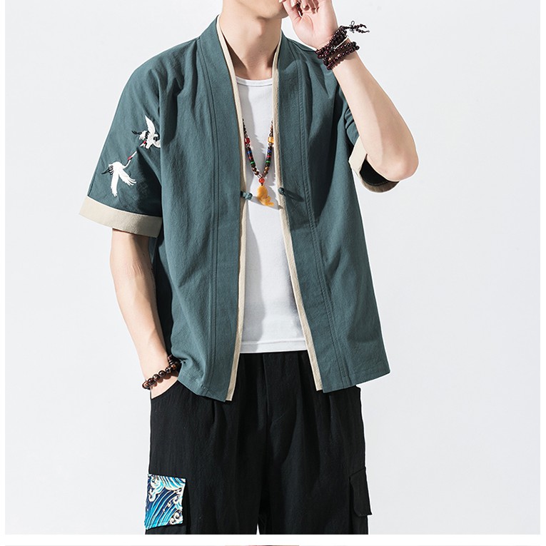 Áo Khoác Thô Đũi Nam Phong Cách Nhật Thêu Hạc Trên Vai | BigBuy360 - bigbuy360.vn