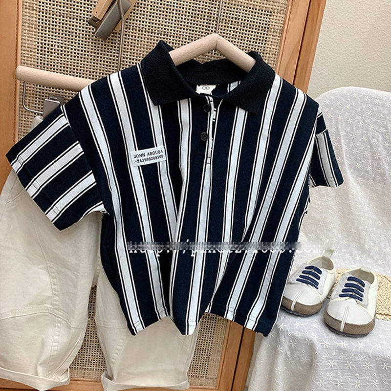 Áo Sơ Mi Polo Ngắn Tay Họa Tiết Sọc Dọc Phong Cách Hàn Quốc Mẫu Mới Thời Trang Mùa Hè Cho Bé Trai