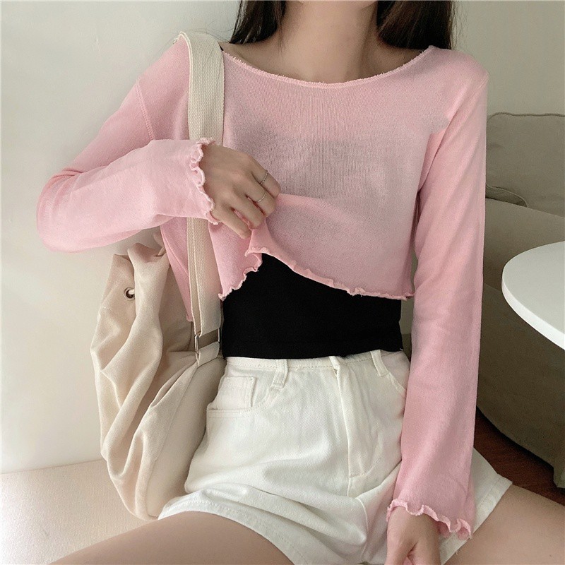 (HÀNG QC) SET ÁO LEN GIẤY TRỄ VAI VIỀN BÈO TÍM HỒNG TRẮNG MIX ÁO HAI DÂY ĐEN - SET CROPTOP LEN DÀI TAY 3 MÀU | BigBuy360 - bigbuy360.vn