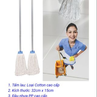 Combo: Cây lau nhà tròn xòe sợi cotton, cán inox tông đơ và 1 đầu lau thay thế