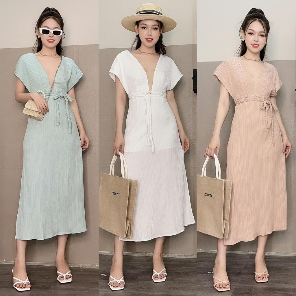 Đầm Maxi Phối Lưới Xẻ Tà Cột Nơ Vintage Nhiều Màu Sang Trọng
