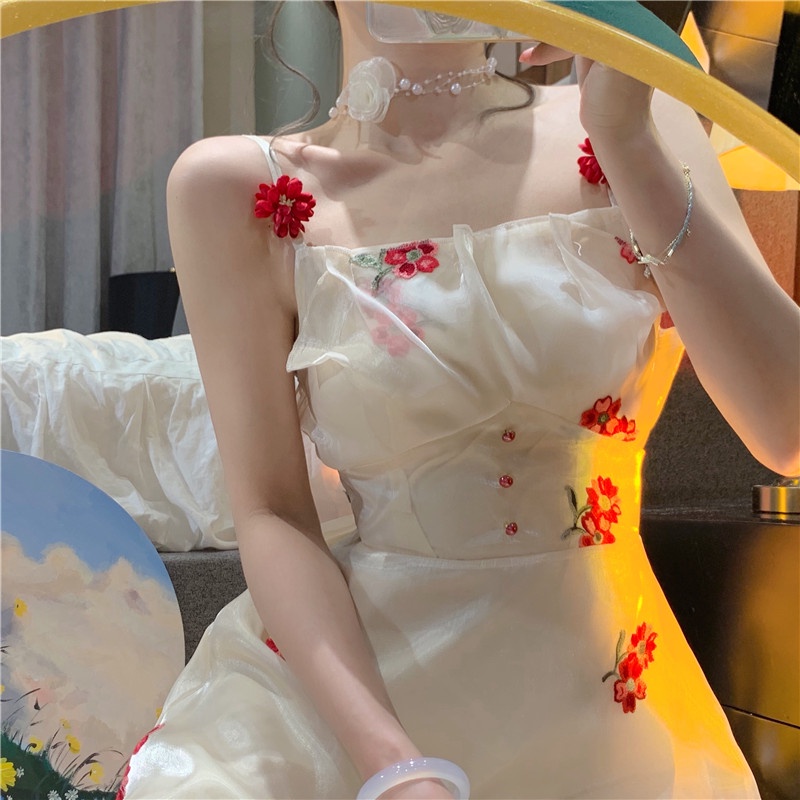 Đầm Hai Dây Dáng Chữ A Thêu Hoa Ngọt Ngào Thời Trang Mùa Hè Cho Nữ