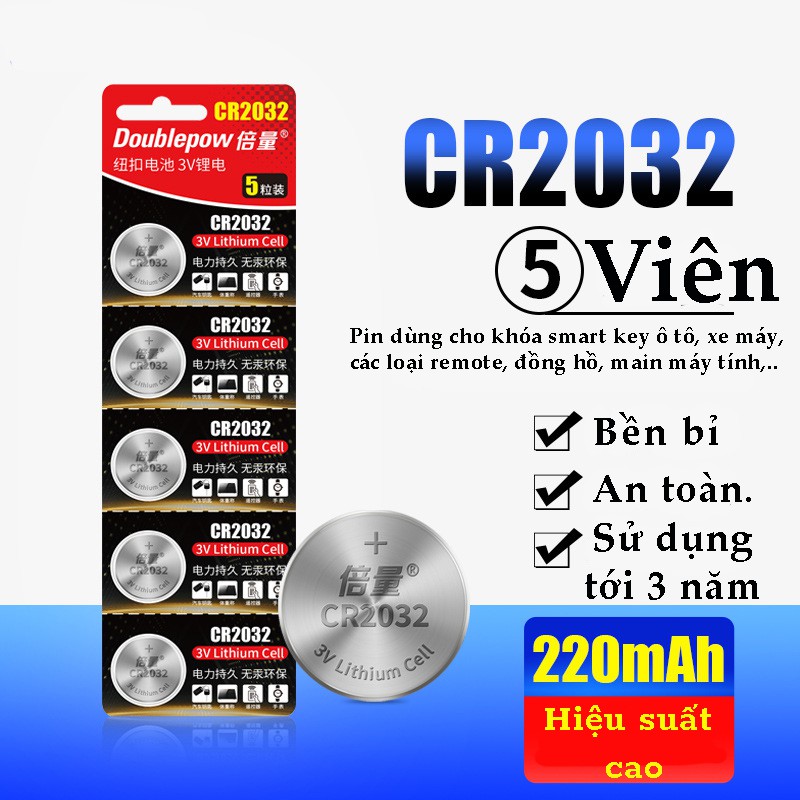 Pin Lithium CR2032 3V Doublepow cao cấp- Vỉ 5 viên - Dùng cho Smart key ô tô, xe máy, cân điện tử, bo mạch chủ,..