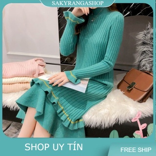 ĐẦM LEN ĐUÔI CÁ TAY LOE VIỀN SỌC VÀNG