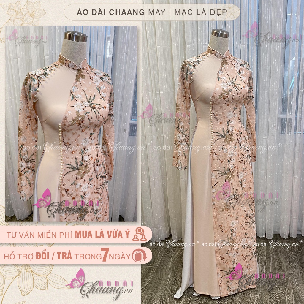 Áo dài hoa nhí da hồngChaang may sẵnÁo dài 4 tà truyền thống đính đá ngọc đẹp cao cấp