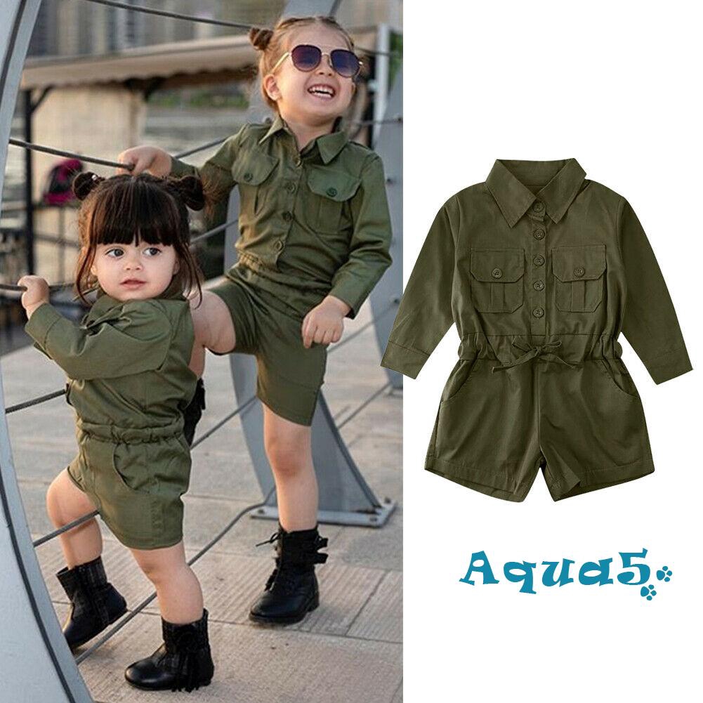 Jumpsuit Dài Tay Màu Xanh Quân Đội Cho Bé Gái