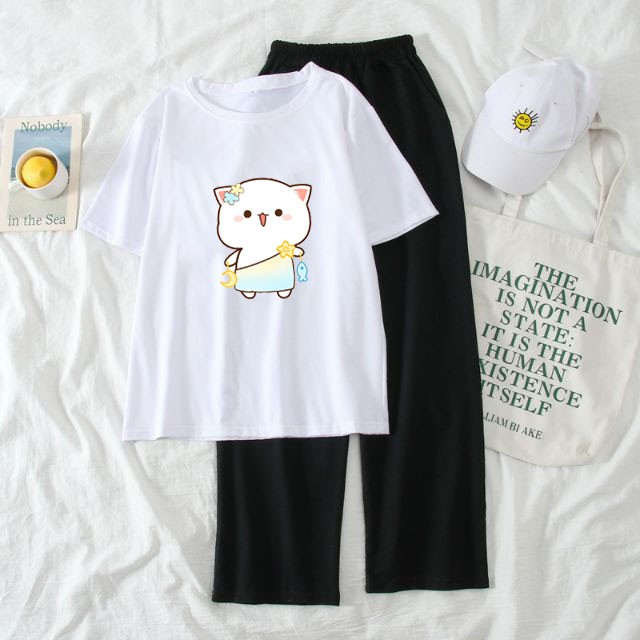 Thông Tin Về Sản Phẩm: Sét Bộ Đồ Thời Trang Nữ Học Sinh Mùa Hè Mặc Đi Chơi, Áo Cotton In Hoạt Hình 3D Bé Đội Mũ Kèm Quần