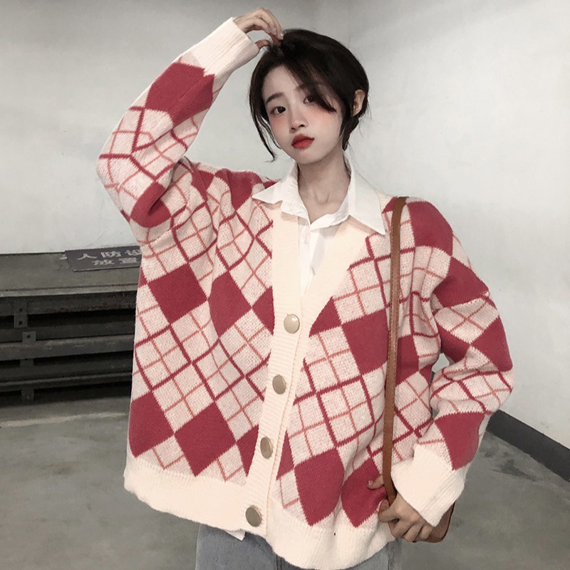 Hàng Sẵn_Áo khoác cardidan len dày rộng rãi thiết kế kẻ sọc retro