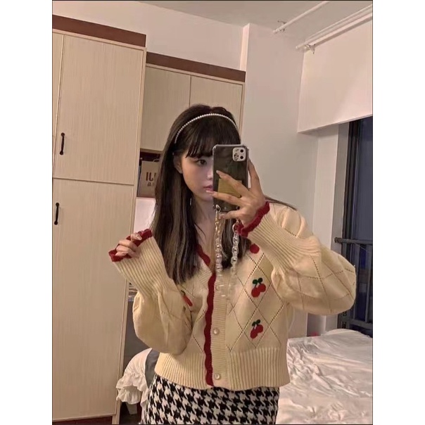 Áo len cardigan thêu hình quả cherry ngọt ngào