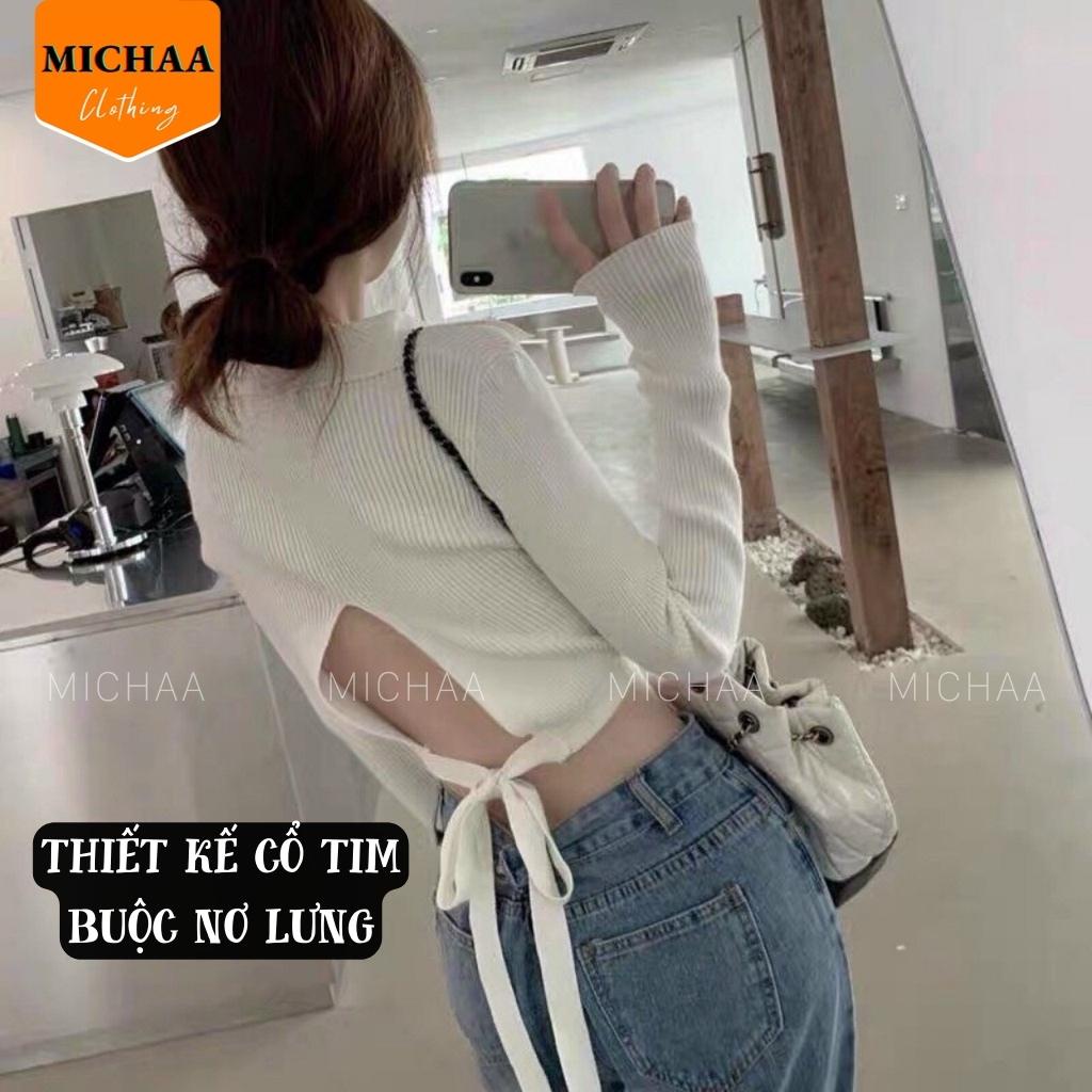 Áo Croptop Cổ Tim Nơ Lưng Thun Gân Nữ Tay Dài Kiểu Ôm Body Sexy Đẹp 2 Màu - MICHAA
